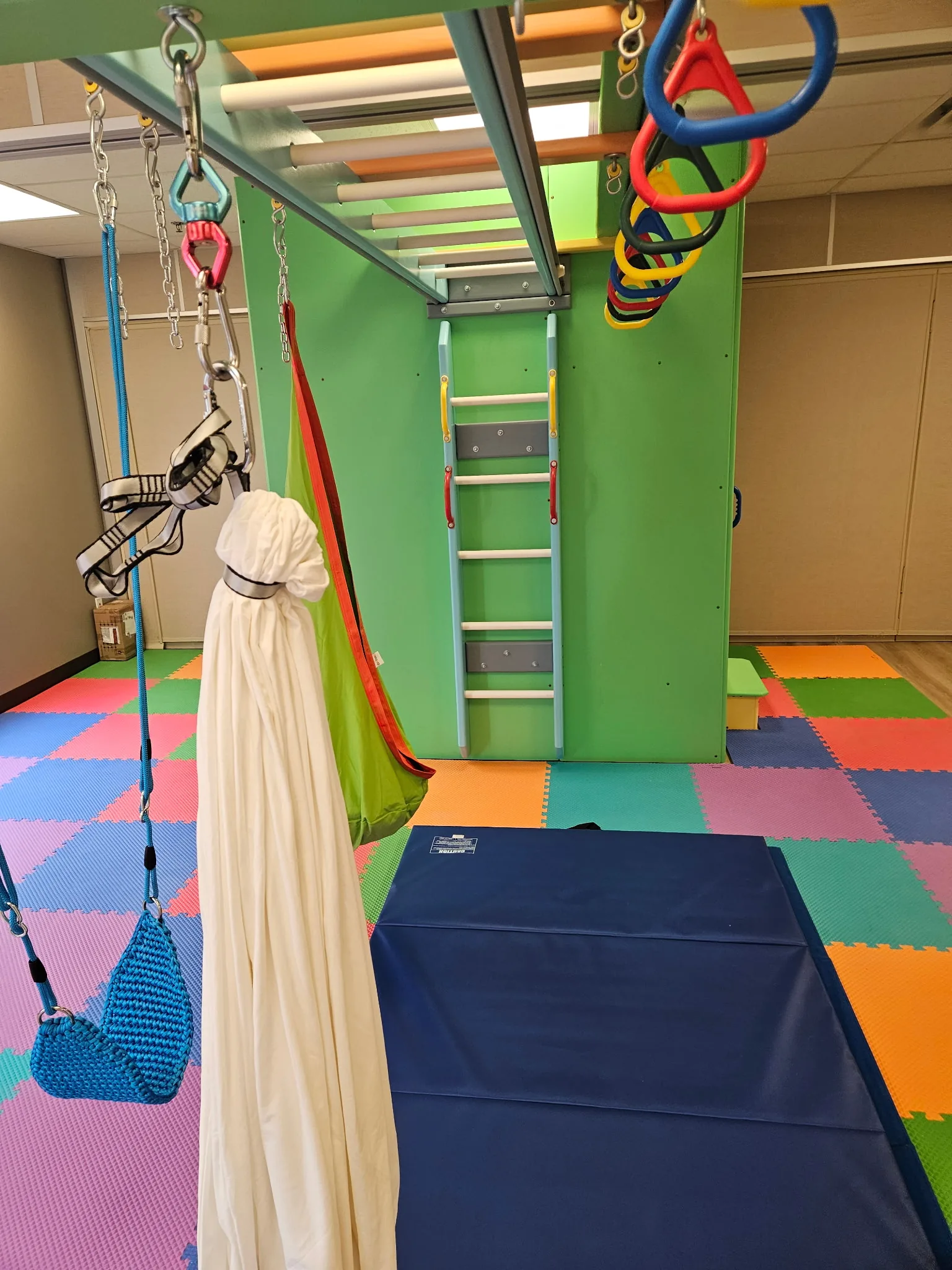 Rope swing, fabric cocoon swing, and lycra swing hanging beside a wall ladder above a blue crash mat