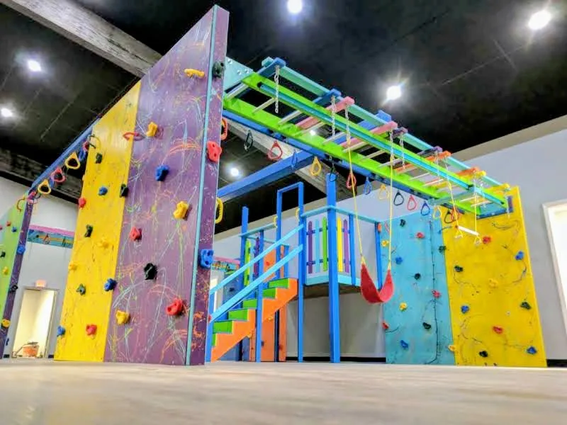 Upward view of purple and yellow climbing panels and overhead bars beneath a dark ceiling