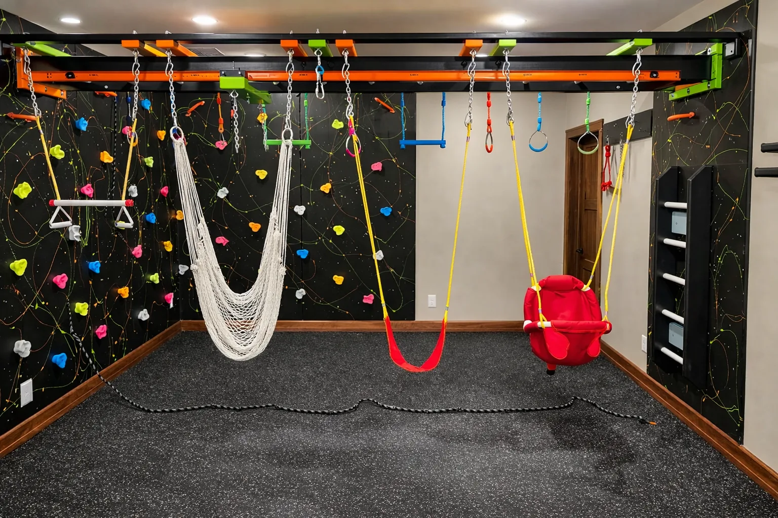 White hammock and red swings beside dark climbing walls in a home sensory gym